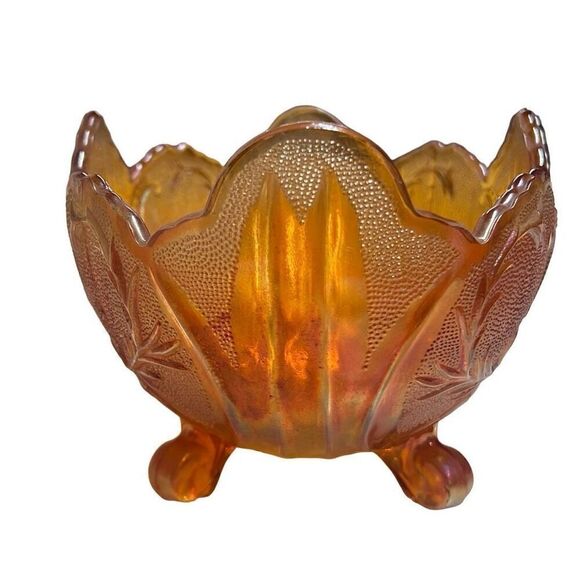 Marigold Carnival Glass Scalloped Edge Compote Bowl Size 10” x 5” - Picture 9 of 15